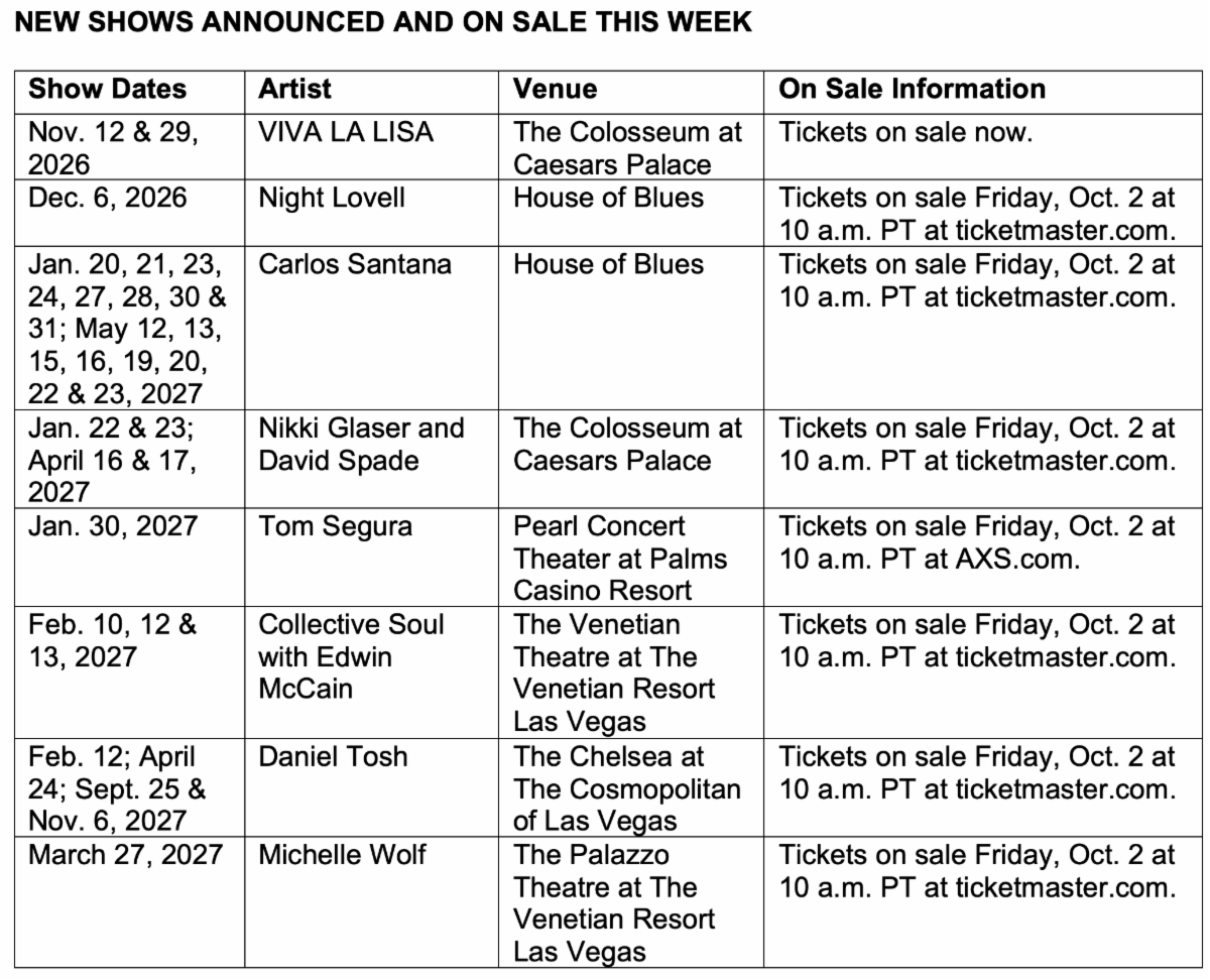 A table listing new concert and entertainment shows announced and on sale in Las Vegas during fall 2026 and 2027, including performances by VIVA LA LISA, Night Lovell, Carlos Santana, and other artists at venues including The Colosseum at Caesars Palace, House of Blues, and The Venetian Resort.