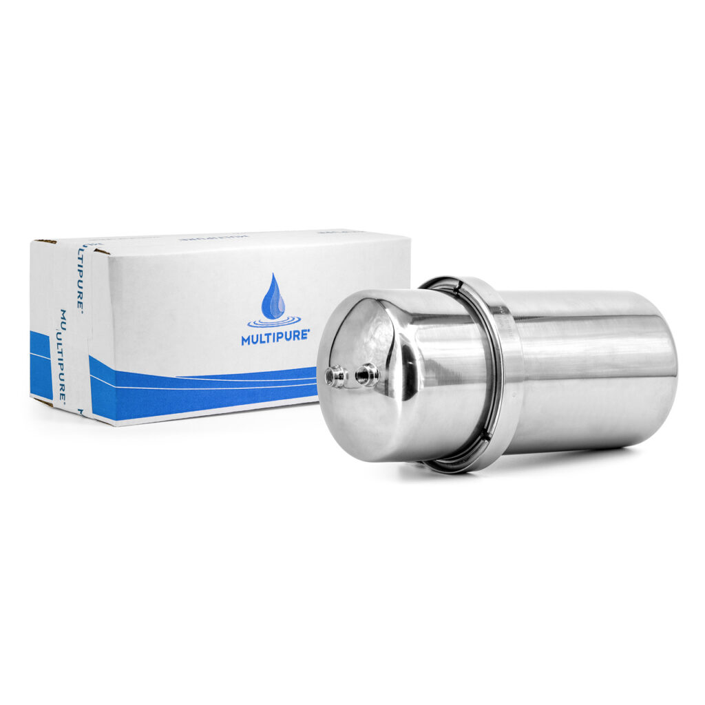 A Multipure water filtration system with its branded packaging, representing the company's water purification products offered through grant programs.